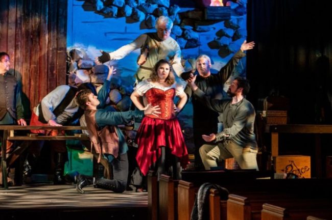 Jessica Preactor (center) as Aldonza and the company of Man of La Mancha at Third Wall Productions. Photo: Stasia Steuart Photography