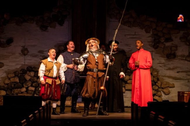 (L to R) Annmarie Pallanck as Sancho, Jim Morgan as The Barber, Lance Bankerd as Don Quixote, Henry Cyr as Dr. Carrasco, and Timoth David Copney-Welton as Padre. Photo: Stasia Steuart Photography