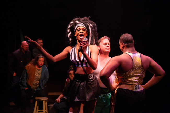 Michael Mattocks (left) as Referee Angel Bubblezz with Russell Sunday (center) as Don and DeCarlo Raspberry (right) as Lola in Kinky Boots. Photo: Jeri Tidwell Photography