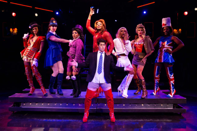 (L to R) Michael Mattocks as Bubblezz, Ariel Messeca as Krystal, Randyn Fullard as Tiffinique, DeCarlo Raspberry as Lola, Matthew Hirsh (below) as Charlie Price, David Singleton as Kiki, Mark Sullivan as Skittles, and Solomon Parker as Shante in Kinky Boots. Photo: Jeri Tidwell Photography