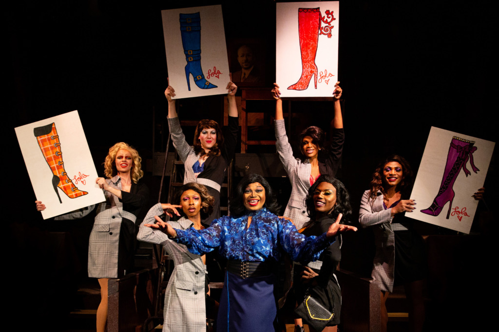 DeCarlo Raspberry (center in blue) as Lola and The Angels in Kinky Boots. Photo: Jeri Tidwell Photography