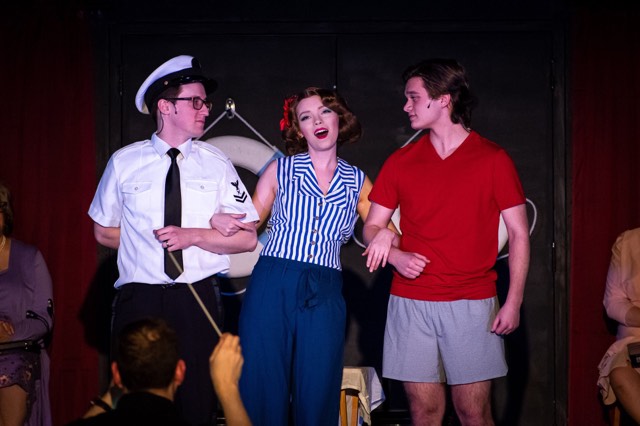 Adam Abruzzo (left) as Pierre, Heather Moe (center) as Dorothy Shaw, and Aaron Sorak (right) as Olympian in Gentlemen Prefer Blondes. Photo: Stasia Steuart Photography