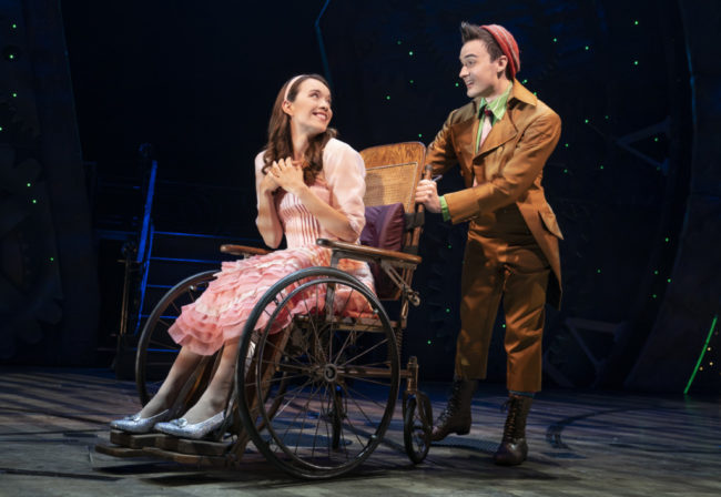 Amanda Fallon Smith (left) as Nessarose and DJ Plunkett (right) as Boq in Wicked. Photo: Joan Marcus