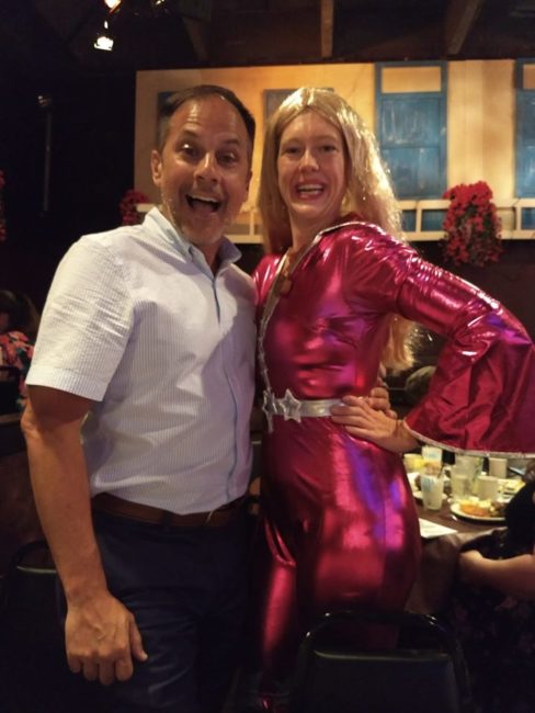 Mark Minnick (left) and TheatreBloom's Amanda Gunther (right) at the Regional Premiere of Mamma Mia at Toby's Dinner Theatre in 2018.