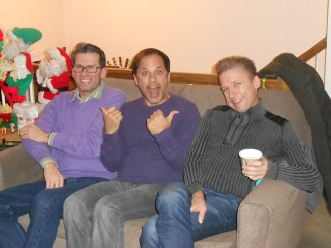 Mark Minnick (center) celebrates a belated Christmas Party in January of 2014 with dear friends Darren McDonnell (left) and David James (right). 