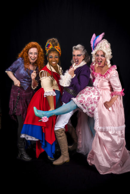 (L to R) Carey Bibb as Charlotte Corday, Samantha McEwen Deininger as Marianne Angelle, Mary C. Rogers as Olympe de Gouges, and Ryan Gunning Harris as Marie Antoinette in The Revolutionists at The Colonial Players of Annapolis.