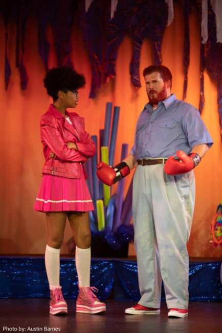 Isabel Bray (left) as Pearl and Matthew Peterson (right) as Mr. Crabs.