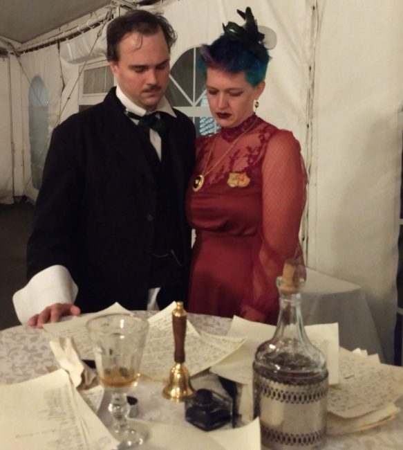 John Kelso (left) as Poe and TheatreBloom's Amanda Gunther (right) at Poe's Last Stanza Oct 2018.