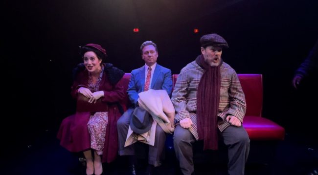 Amanda Kaplan (left) with Jeffrey Shankle (center) as Bob Wallace and Shawn Kettering (right) in White Christmas. Photo courtesy of Toby's.
