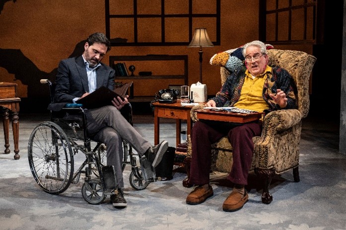 Cody Nickell (left) as Mitch Albom with Michael Russotto (right) as Morrie Schwartz in Tuesdays With Morrie at Theater J. Photo: Teresa Castracane