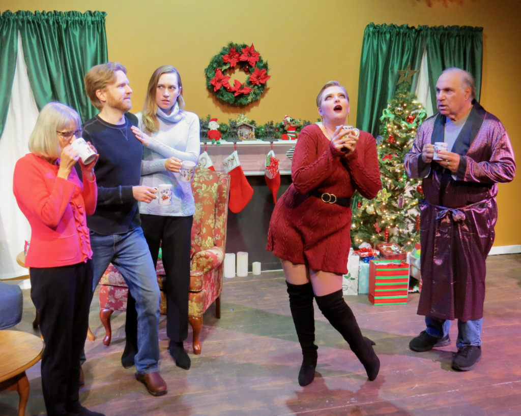 L to R: Jean Rosolino as Mom, Evan Crump as Gary, Kathleen Barth as Wendy, Abigail Weinel as Karen, and Mickey Trimarchi as Dad in On The Farce Day of Christmas. Photo: Elizabeth Kemmerer.