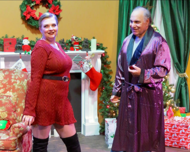 Abigail Weinel (left) as Karen and Mickey Trimarchi (right) as Dad in On The Farce Day of Christmas. Photo: Elizabeth Kemmerer.