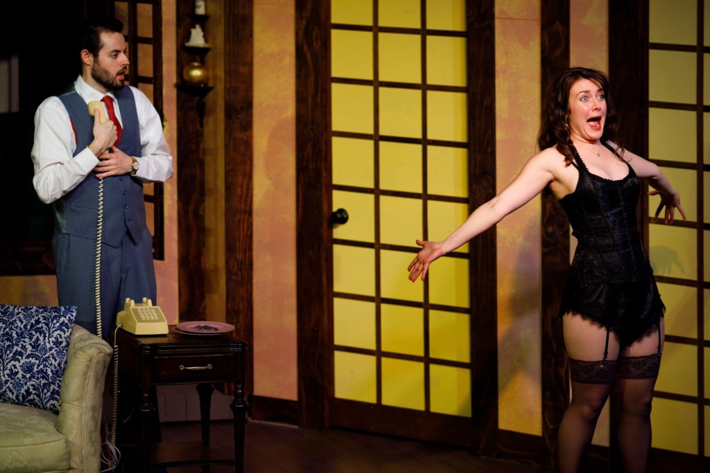Sean Byrne (left) as Garry and Mallorie Stern (right) as Brooke in Noises Off! Photo: Meech Creative LLC.