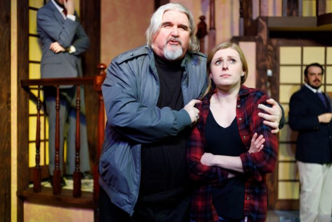 Steve Cairns (left) as Selsdon and Lauren Downing (right) as Poppy in Noises Off! Photo: Meech Creative LLC.