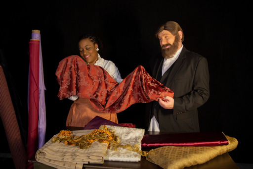 Takira Thompson (left) as Esther and Toby Hessenauer (right) as Mr. Marks in Intimate Apparel.