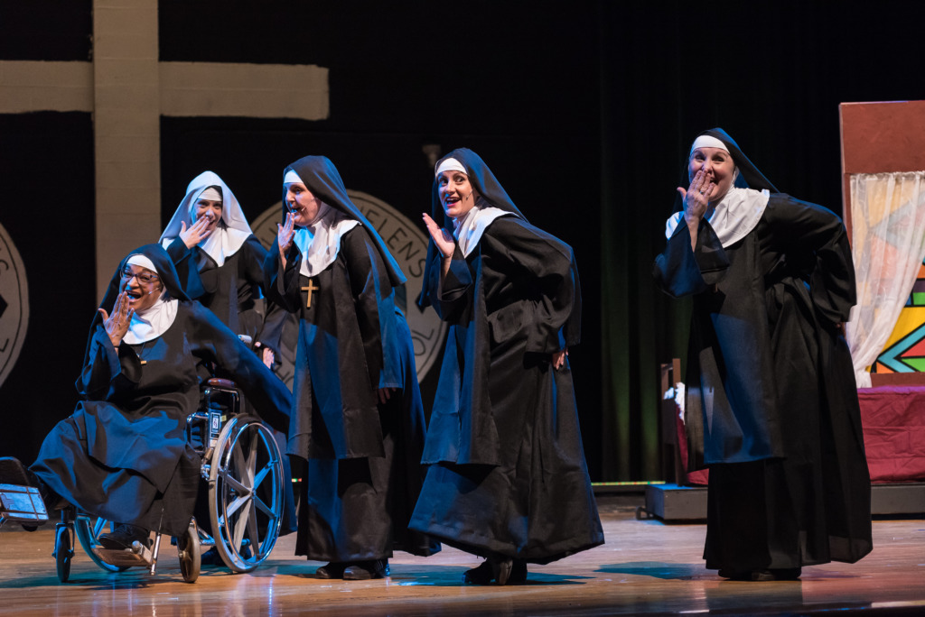 (L to R) Daena N. Cox as Sister Mary Hubert, Alyson Kaiser as Sister Mary Leo, Debbie Brengle as Mother Superior, Laura-Beth Wonsala as Sister Mary Amnesia, and Rebecca Garrahy as Sister Robert Anne in Nunsense. 📸 Mort Shuman