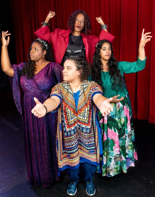Alana Simone (purple) as Erzulie, Tai Alexander (red) as Papa Ge, Randi Seepersad (green) as Asaka, and Anderson Gray (blue) as Agwe📸Trent Haines-Hopper/THsquared Photography