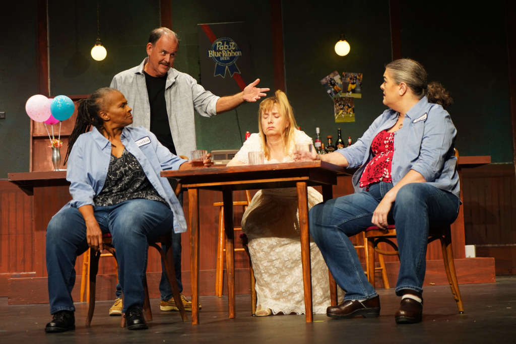 (L to R) Cheryl Thompson as Cynthia, Brian Binney as Stan, Rose Talbot as Jessie, and Pamela Northrup as Tracey in Sweat. 📸2nd Star Productions