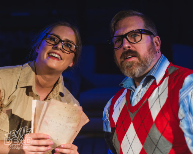 Mary Elizabeth Gipe (left) as Annie and Director Bob Denton as Matthew Peterson as Ed in Evil Dead at Deer in the Spotlight. Mike Bliss/Dorian Gray as Ash (left) and Rance Denton (right) as Scotty. 📸Matthew Peterson