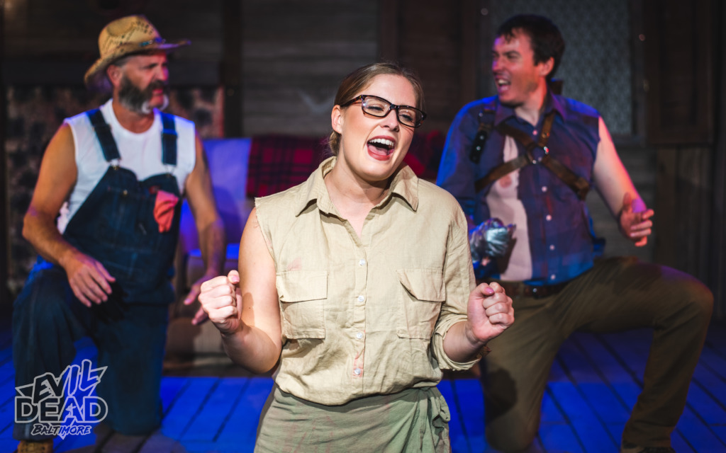 Steve Flickinger (left) as Good Old Reliable Jake, with Mary Elizabeth Gipe (center) as Annie, and Mike Bliss/Dorian Gray as Ash in Evil Dead. 📸Matthew Peterson