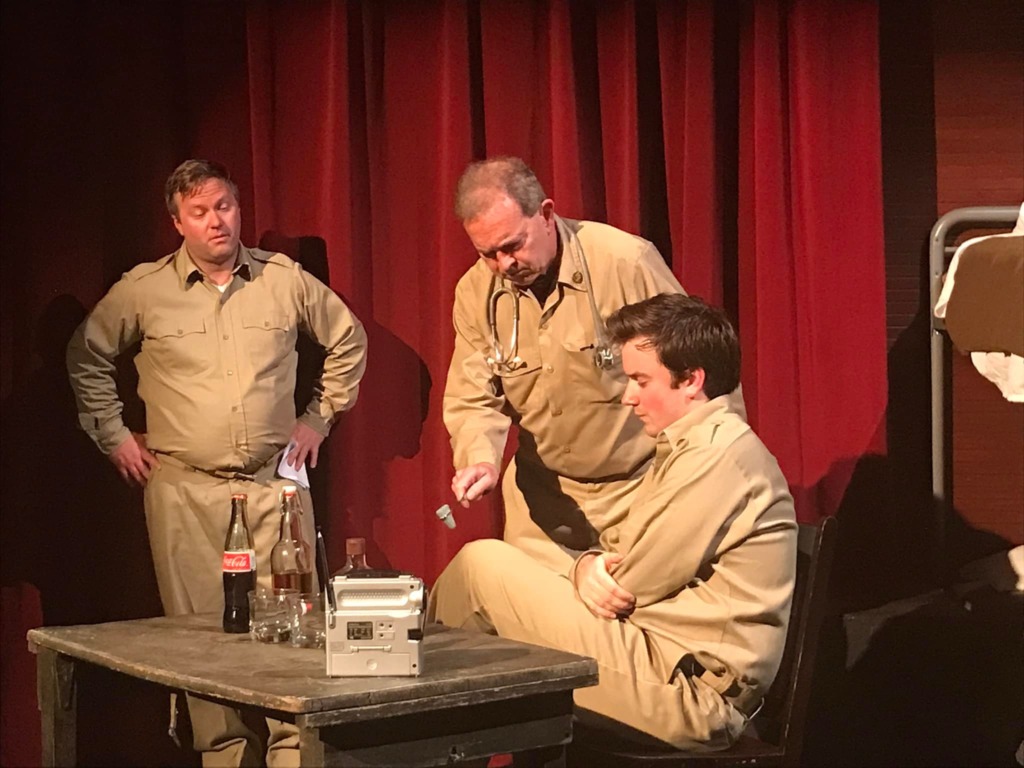 Stephen Deininger (left) as Mister Roberts, with John Dignam (center) as Doc, and Connor Hurley (right) as Pulver in Mister Roberts at The Salem Players. 📸 Salem Players