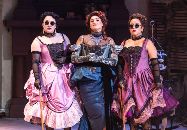 Chani Wereley (Lucinda), Maria Rizzo (Stepmother), and Adelina Mitchell (Florinda) in Into the Woods at Signature Theatre. 📷 Christopher Mueller.