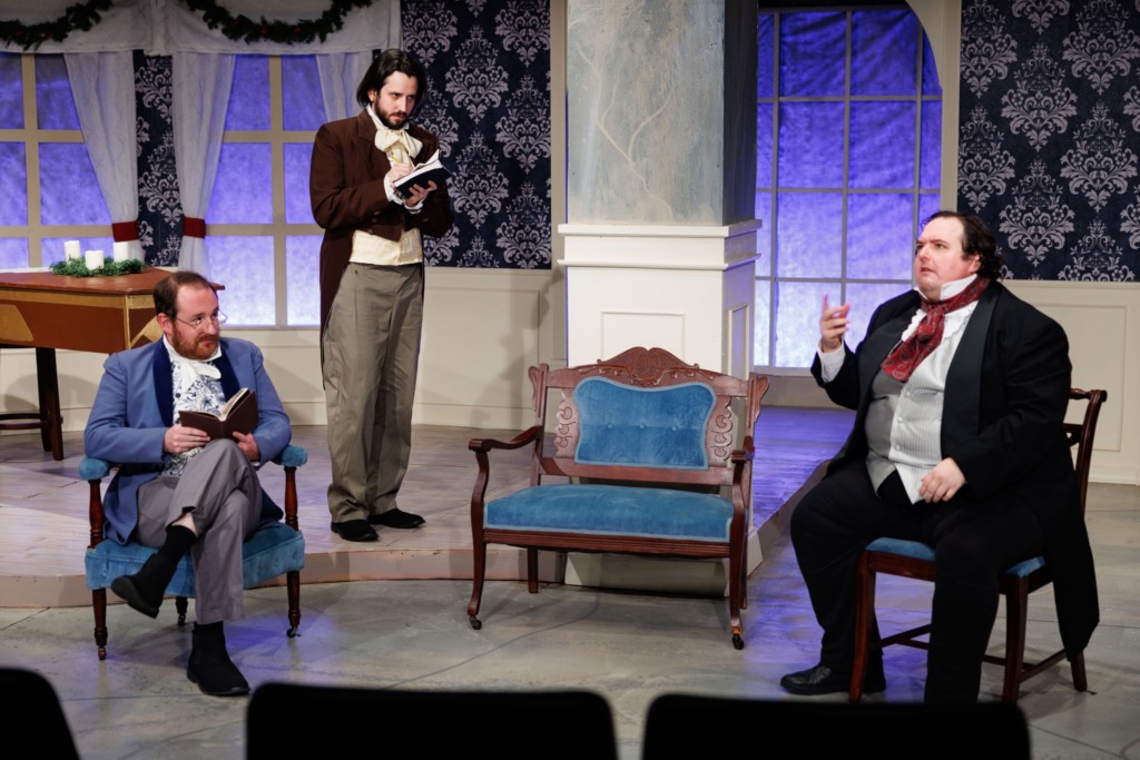 Bill Dennison (left) as Darcy with Joe Waeyaert (center) as Arthur de Bourgh and Matthew Harris (right) as Bingley. 📷Meech Creative LLC