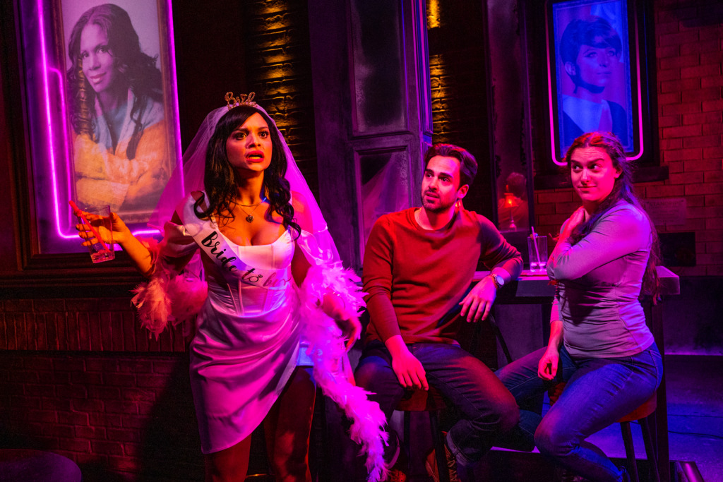 Nina-Sophia Pacheco (left) as Bachelorette, with Michael Taccino (center) as Mark and Dani Stoller (right) as Judy in Which Way to the Stage? 📸Daniel Rader