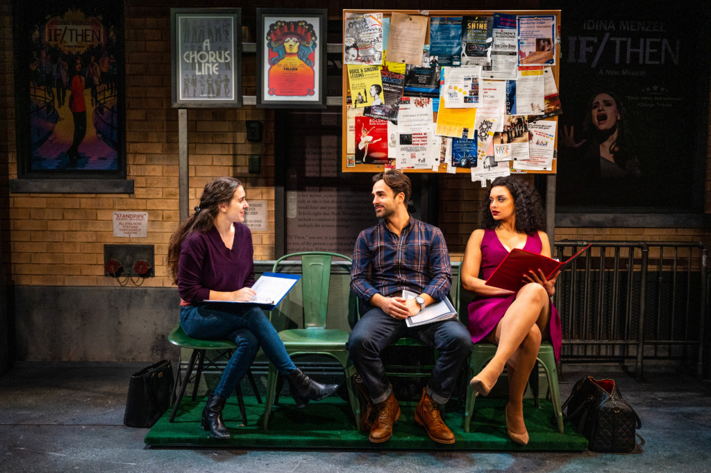 Dani Stoller (left) as Judy, with Michael Tacconi (center) as Mark, and Nina-Sophia Pacheco (right) as Actress in Which Way to the Stage? 📸Daniel Rader