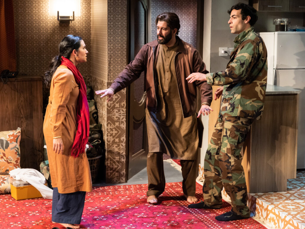 Neagheen Homaifar (left) as Leyla with Yousof Sultani (center) as Jawid and Mazin Akar (right) as Taroon in Selling Kabull. 📸Christopher Mueller