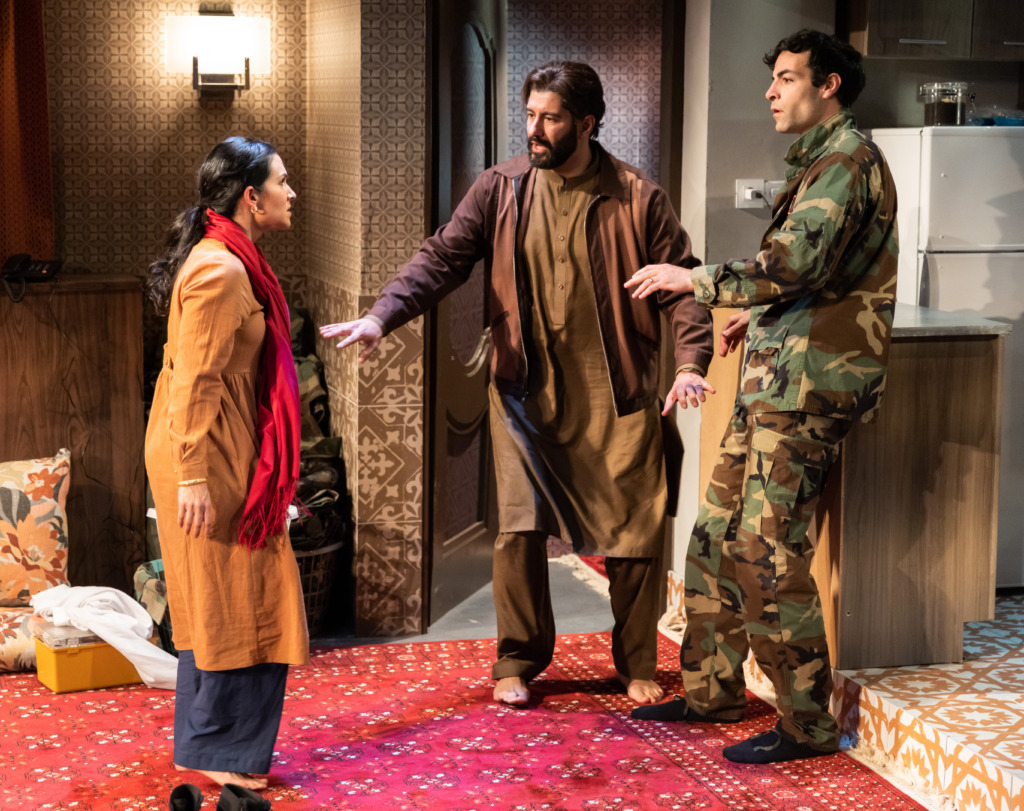 Neagheen Homaifar (left) as Leyla with Yousof Sultani (center) as Jawid and Mazin Akar (right) as Taroon in Selling Kabull. 📸Christopher Mueller