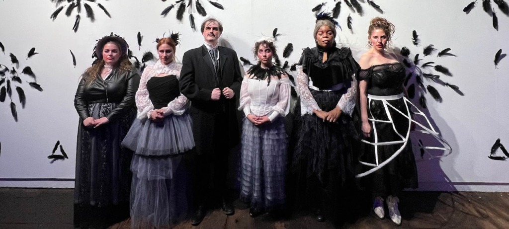(L to R) Kristen Zwobot as Mother, Christine Demuth as Elmira, Bobby Libby as Edgard Allan Poe, Caitlin Weaver as Virginia, Kay-Megan Washington as Muddy, and Rachel Blank as The Whore in Nevermore at Stillpointe Theatre. 📷 Meg Taylor