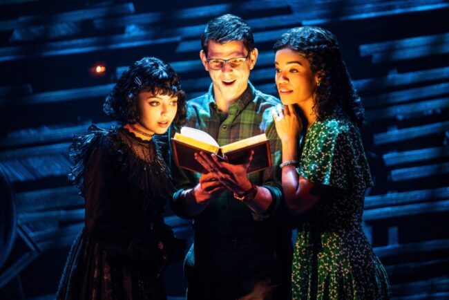 Isabella Esler (left) as Lydia with Will Burton (center) as Adam and Britney Coleman (right) as Barbara in Beetlejuice 📷 Matthew Murphy