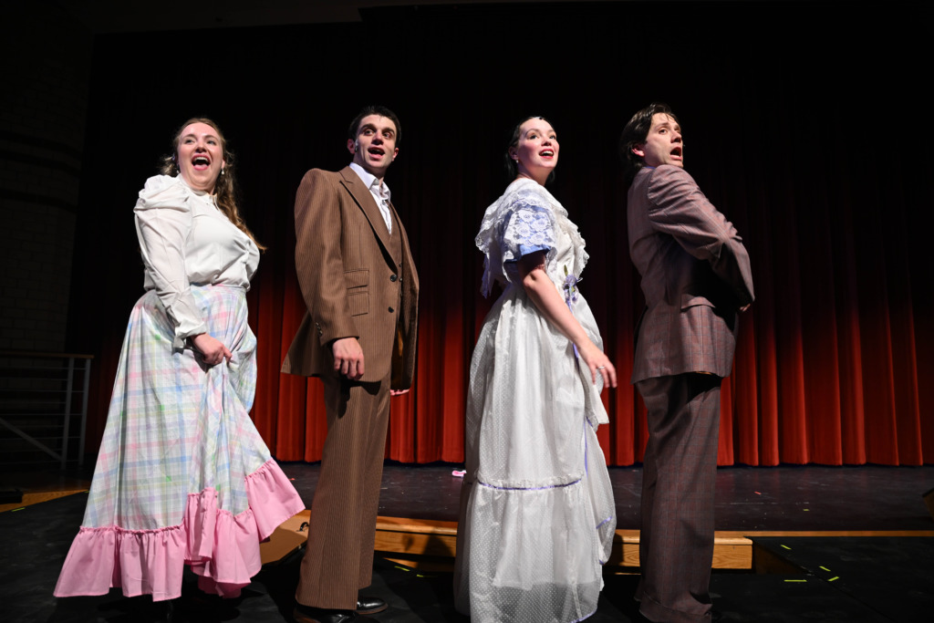 (L to R) Sarah Young as Minnie Fay, Sam Bishop as Barnaby Tucker, Heather Moe as Irene Molloy, and Justin Moe as Cornelius Hackl in Hello, Dolly! 📷Nei Rubino