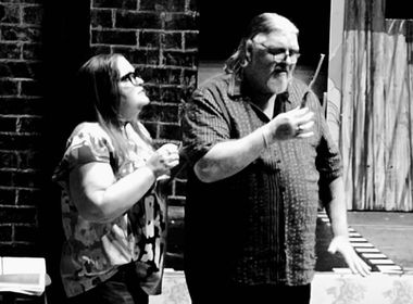 Karen Heyser Paone (left)  and Steve Cairnes (right) in rehearsal for Sweeney Todd at OVT