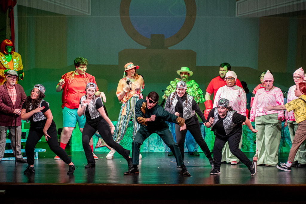 Adam Goldsmith (center) as Plankton with the ensemble of The SpongeBob Musical at Silhouette Stages. 📷 Stasia Steuart Photography