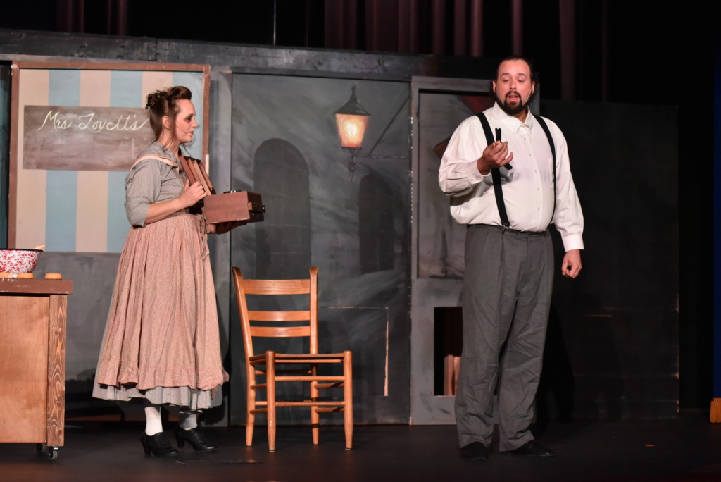 Kelly Stoneberger (left) as Mrs. Lovette and Nathan Russell (right) as Sweeney Todd in Sweeney Todd at Small Town Stars Theatre Company 📷 Mort Shuman