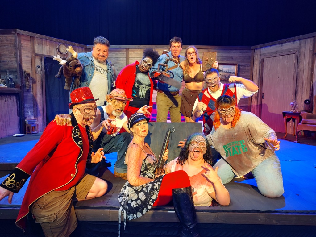 The Nine Nutballs of DitS' "Evil Dead: The Musical- 2023 Edition" with the reviewer that got bled all over (center, Mandy Gunther) 📷 Lithia Knopp