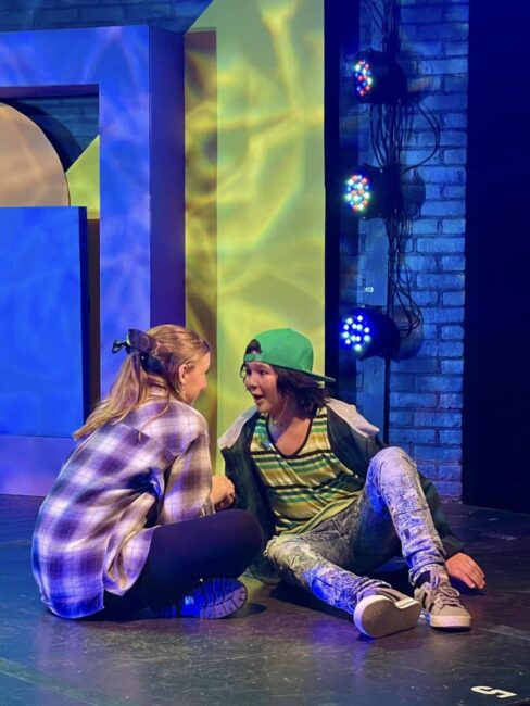 Miranda Cockey (left) as Wendy Darling and Owen Ryscavage (right) as Peter Pan in Neverland at Children's Playhouse of Maryland