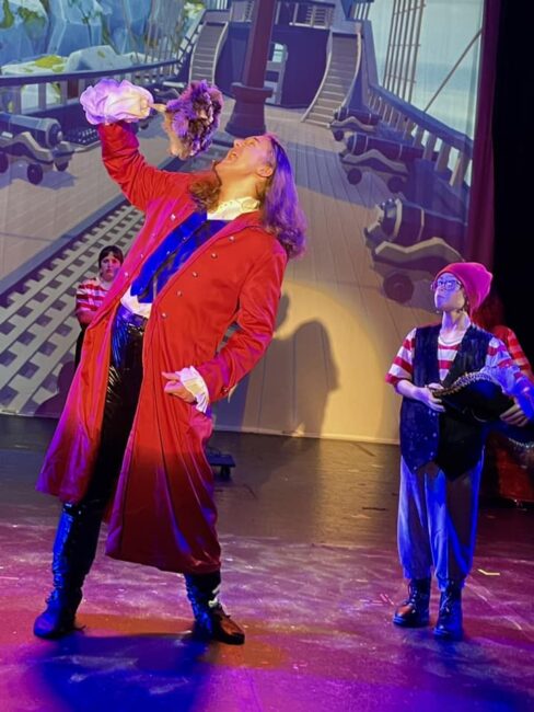 Victor Scigala (left) as Captain Hook and Colton Roberts (right) as Mr. Smee  in Neverland at Children's Playhouse of Maryland
