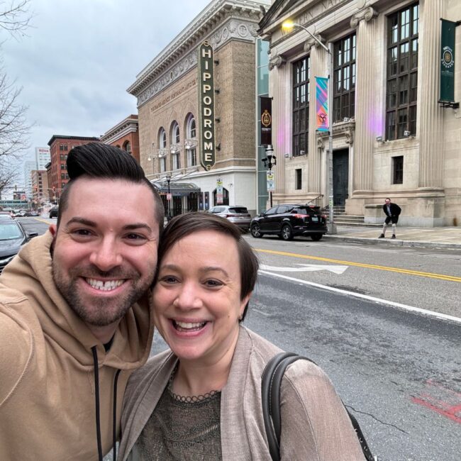 Artistic Director of Iron Crow Theatre, Sean Elias (left) with ICT Managing Director Natka Bianchini (right) out in front of the M&T Bank Exchange Space