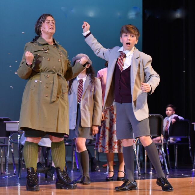 Katie Ketter (left) as Agatha Trunchbull and Archer Ketter (right) as Bruce 📷 Mort Shuman