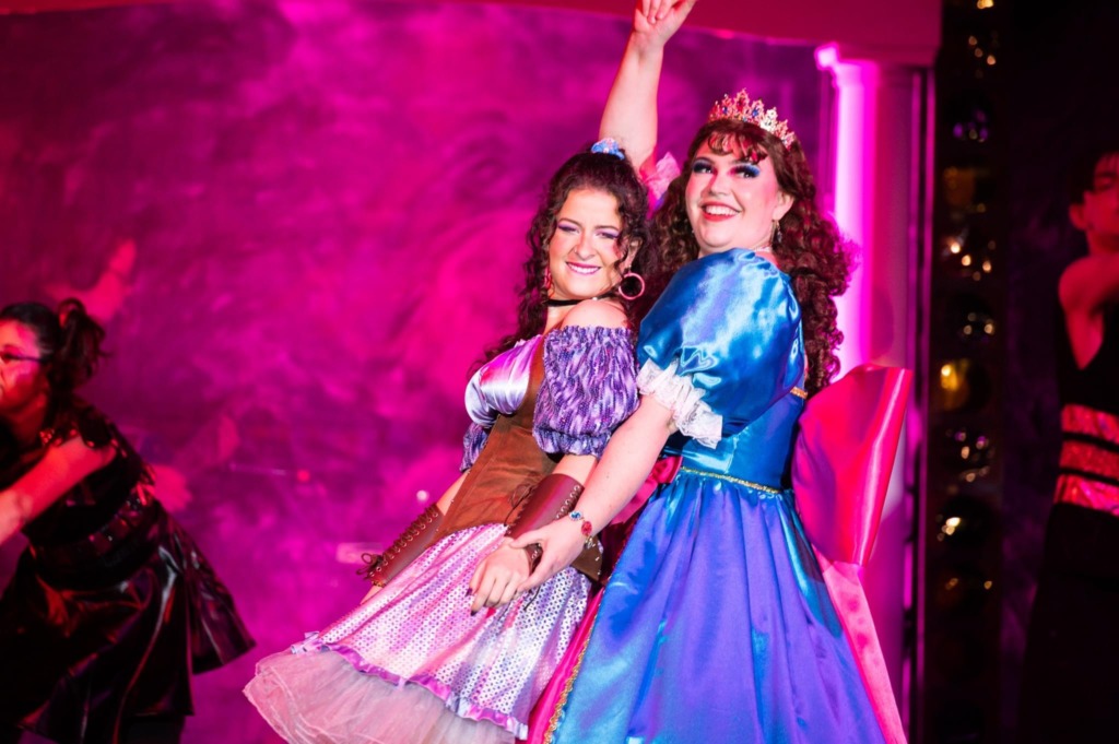 Ally Baca (left as Mopsa) and Sarah Johansen (right as Pamela) in Annapolis Summer Garden Theatre's 2023 production of Head Over Heels