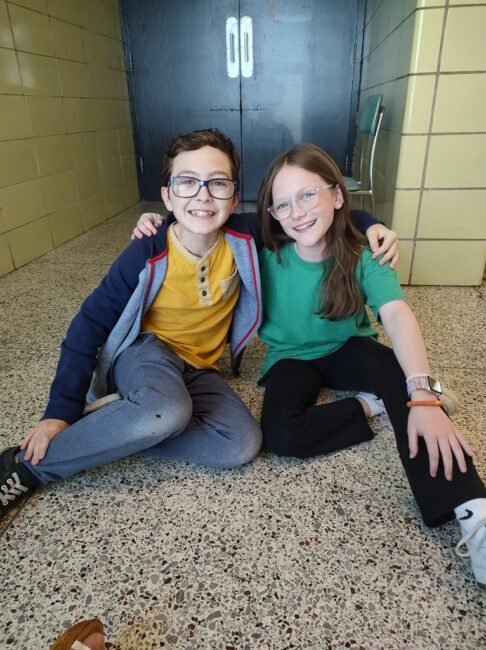 Colton Roberts (left) and Hazel Vogel (right) after rehearsal for Oliver!