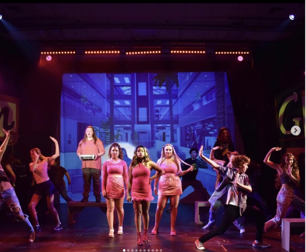 (centered- L to R) Lillian Colon as Gretchen Wieners, Allyson Gray as Regina George, and Talia Lebowitz as Karen Smith in Mean Girls (High School Edition) at Children's Playhouse of Maryland