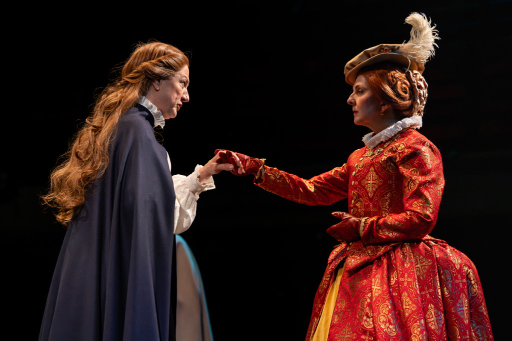 Lise Bruneau (left) as Mary Stuart with Lesley Malin (right) as Elizabeth Queen of England in Chesapeake Shakespeare Company's Mary Stuart 📷Kiirstn Pagan Photography
