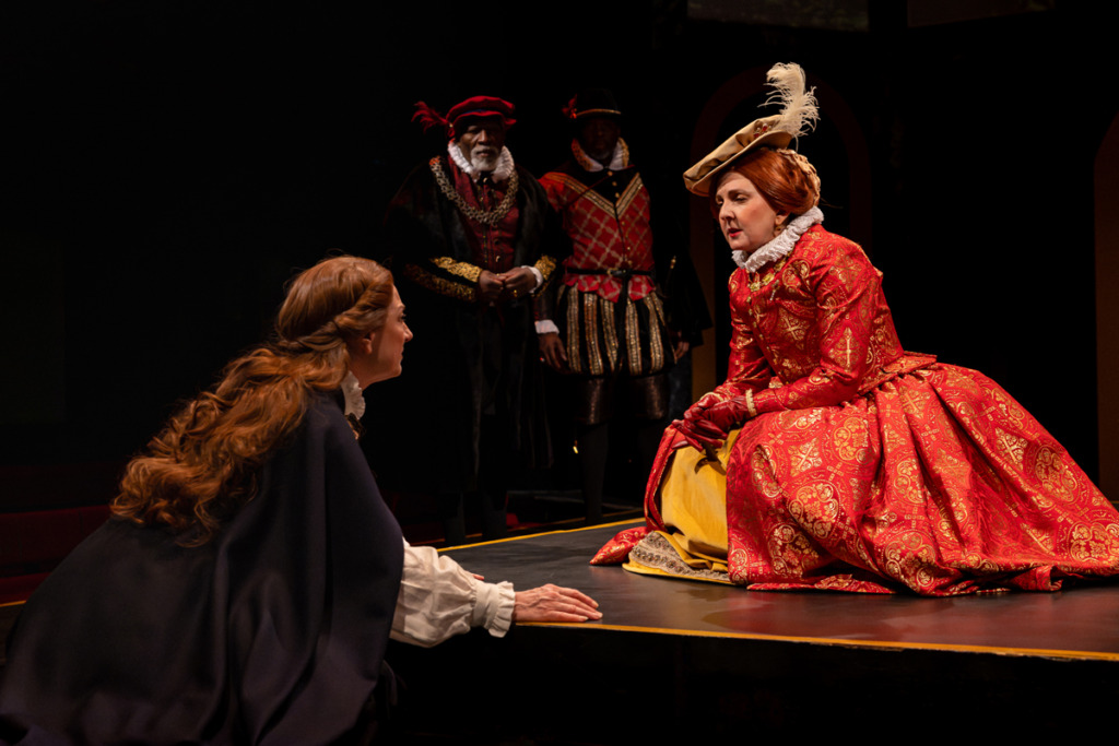 Lise Bruneau (left) as Mary Stuart with Lesley Malin (right) as Elizabeth Queen of England in Chesapeake Shakespeare Company's Mary Stuart 📷Kiirstn Pagan Photography