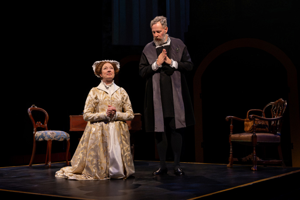 Lise Bruneau (left) as Mary Stuart with Paul Diem (right) as Melvil in Chesapeake Shakespeare Company's Mary Stuart 📷Kiirstn Pagan Photography