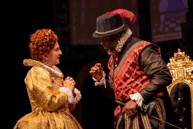 Lesley Malin (left) as Elizabeth Queen of England and DeJeanette Horne (right) as Earl of Leicester in Chesapeake Shakespeare Company's Mary Stuart 📷Kiirstn Pagan Photography