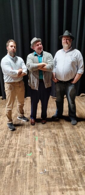 Matt Wilson (left) with Dickie Mahoney (center) and Ryan Geiger (right) in rehearsal for Guys & Dolls